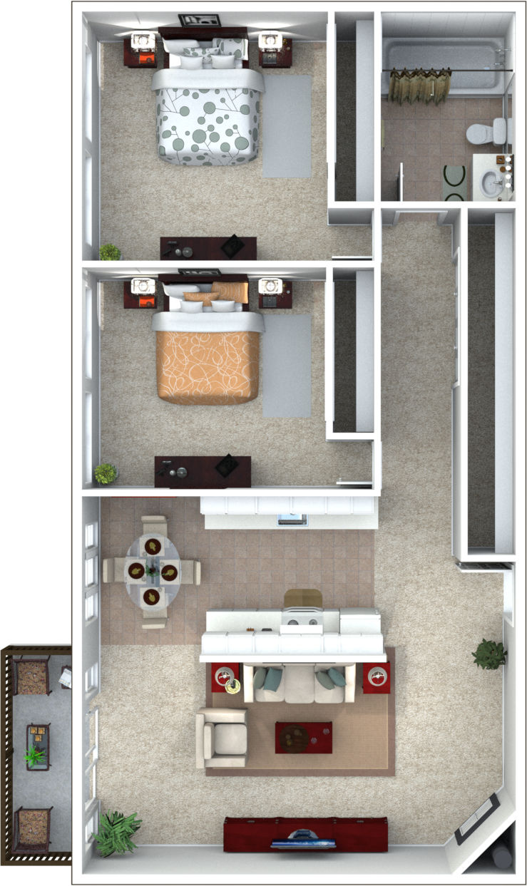 Floor plan for 2 beds, 1 bath, 950 sqft